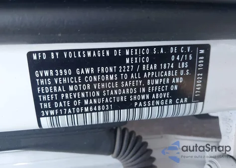 2015 Volkswagen Beetle 1.8T z USA, uszkodzony, nr VIN 3VWF17AT0FM648031